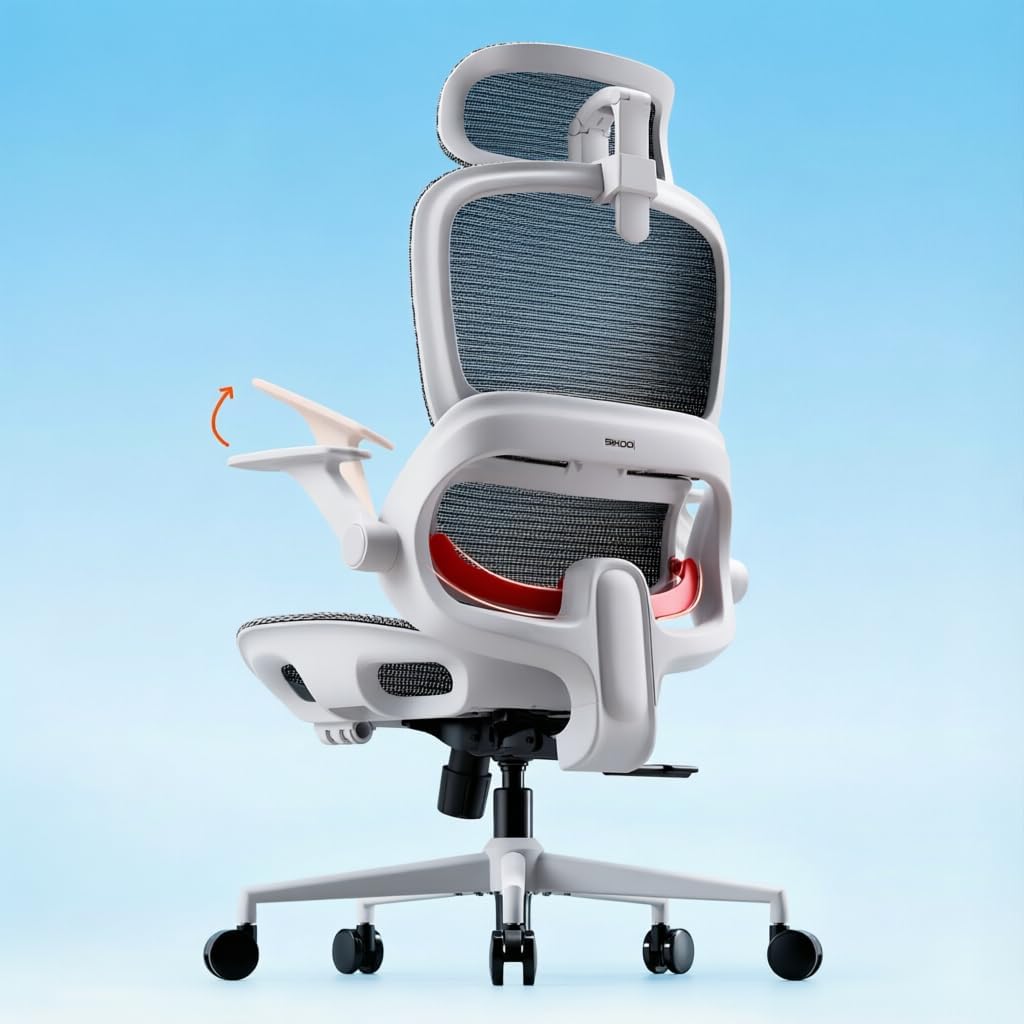 Office Chair, Comfy Ergonomic Office Chair, High Back Computer Chair with Adaptive Lumbar Support & wide Headrest, Flip-up Armrests, Swivel Desk Chair for Long Hours, WITHOUT Footrest, Grey