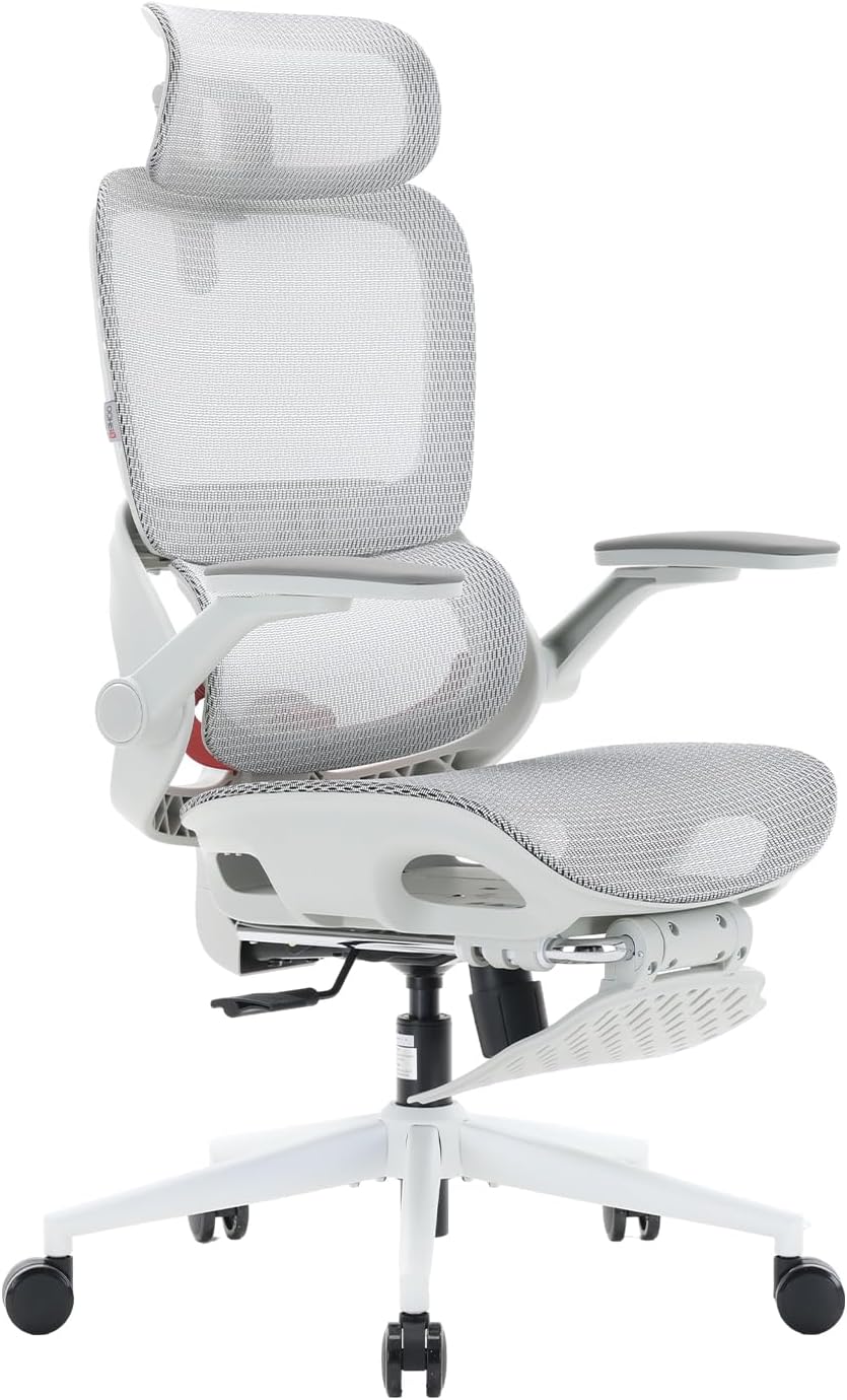 Office Chair, Comfy Ergonomic Office Chair, High Back Computer Chair with Adaptive Lumbar Support & wide Headrest, Flip-up Armrests, Swivel Desk Chair for Long Hours, WITHOUT Footrest, Grey