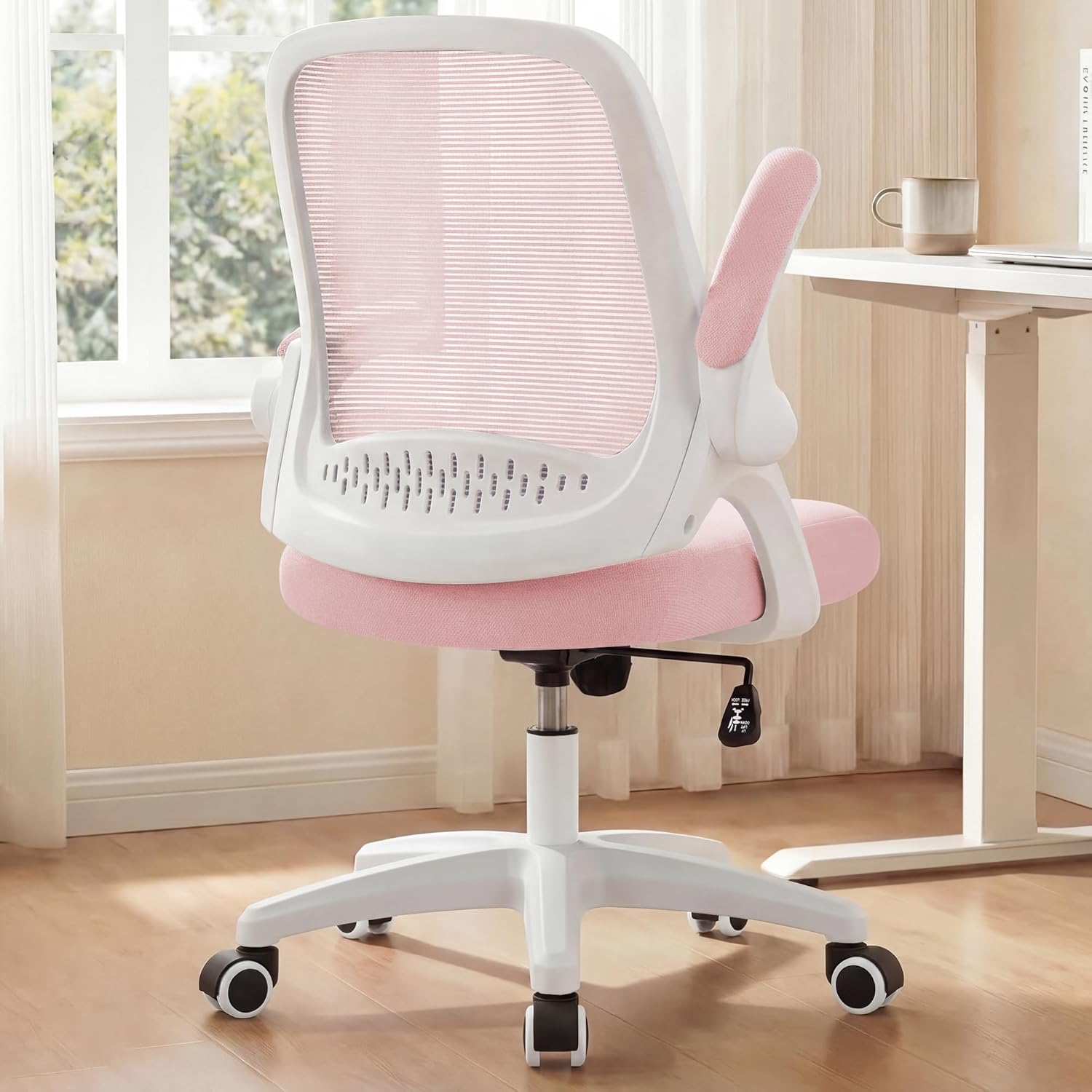 Office Desk Gaming Ergonomic Computer Chair with Lumbar Back Support Adjustable Height Swivel Rolling Wheels Flip-up Arms Mesh Chair for Home Vanity (Ivory)