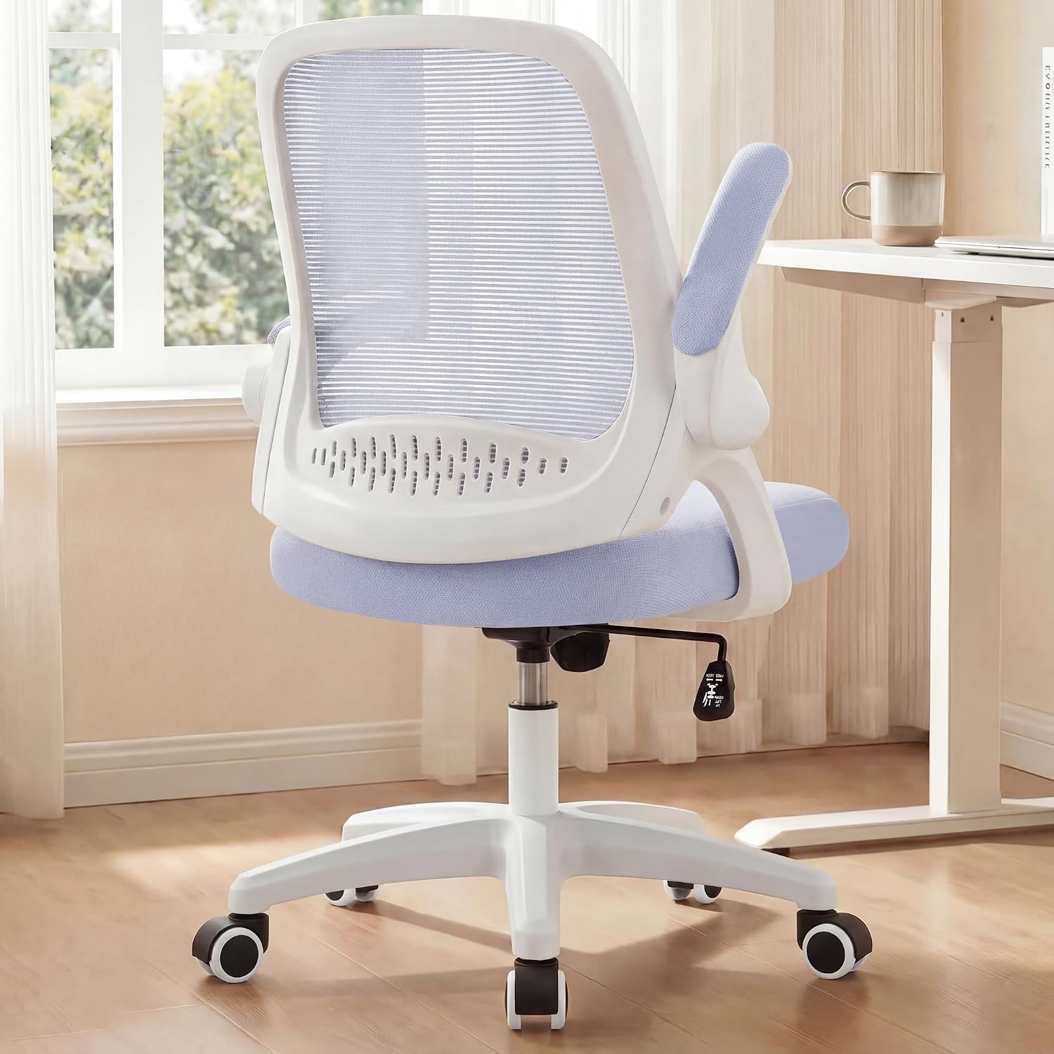 Office Desk Gaming Ergonomic Computer Chair with Lumbar Back Support Adjustable Height Swivel Rolling Wheels Flip-up Arms Mesh Chair for Home Vanity (Ivory)