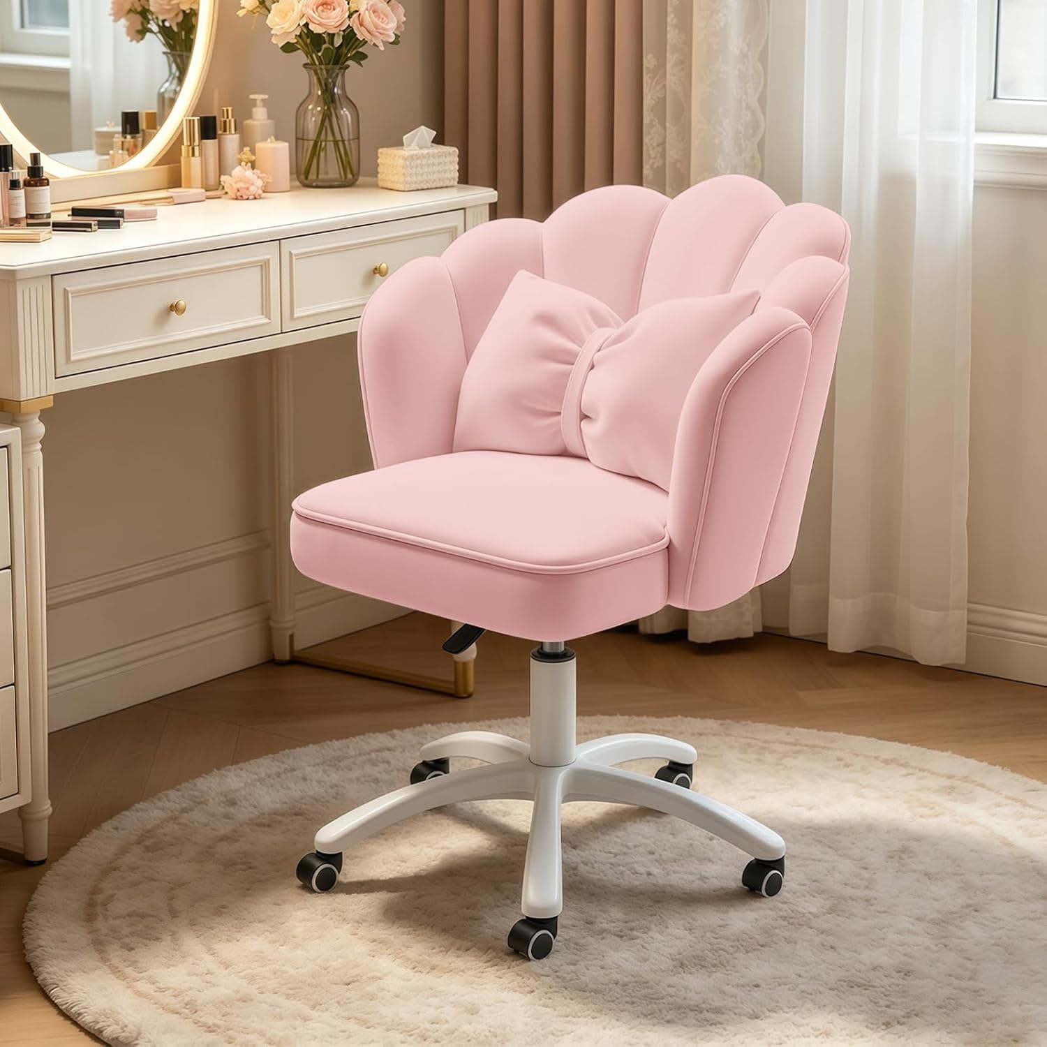 Petal Desk Chair with Bow Cushion Velvet Vanity Chair with Wheels, Upholstered Home Office Chair for Girls Women, Mid-Back Swivel Computer Task Chairs for Living Room Bedroom