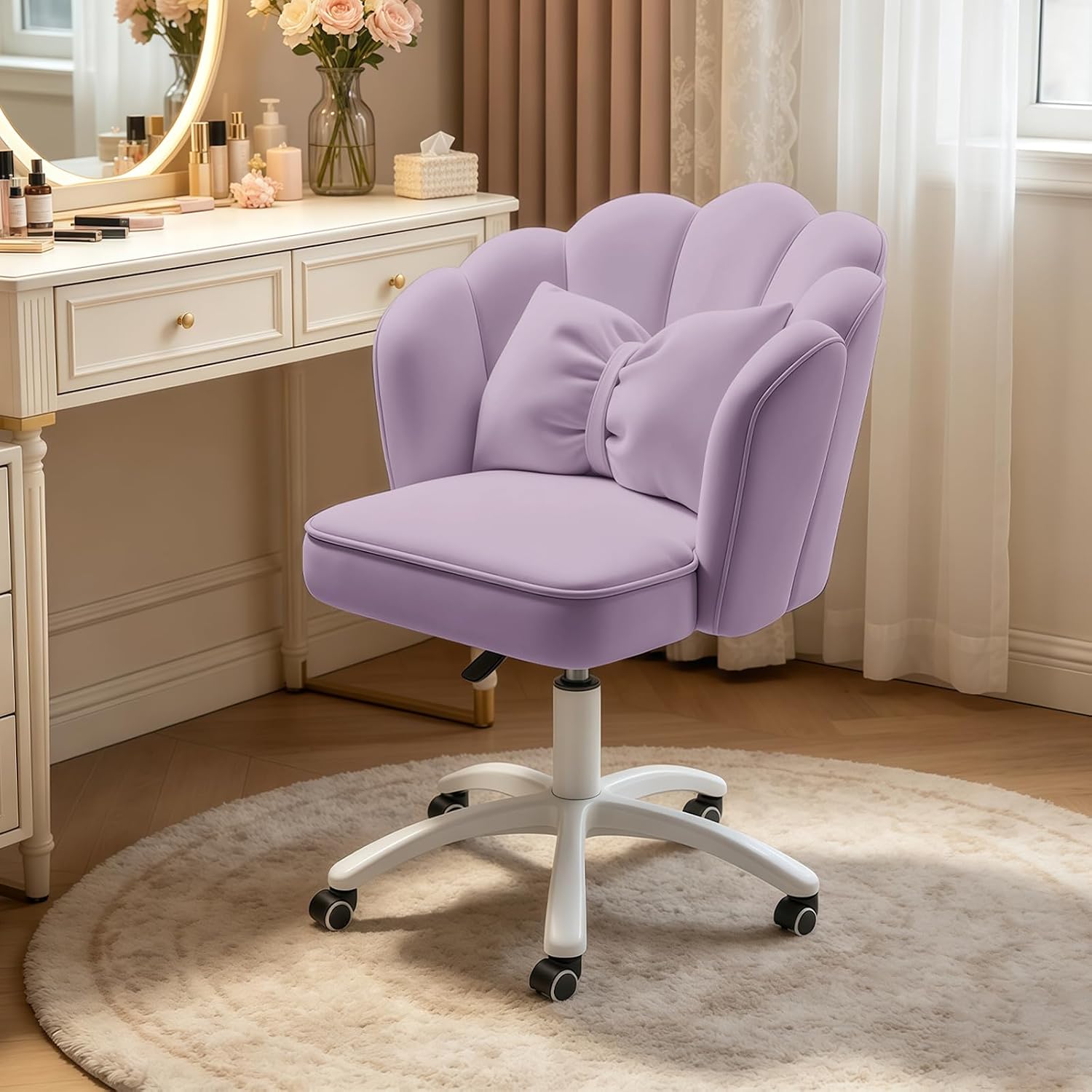 Petal Desk Chair with Bow Cushion Velvet Vanity Chair with Wheels, Upholstered Home Office Chair for Girls Women, Mid-Back Swivel Computer Task Chairs for Living Room Bedroom