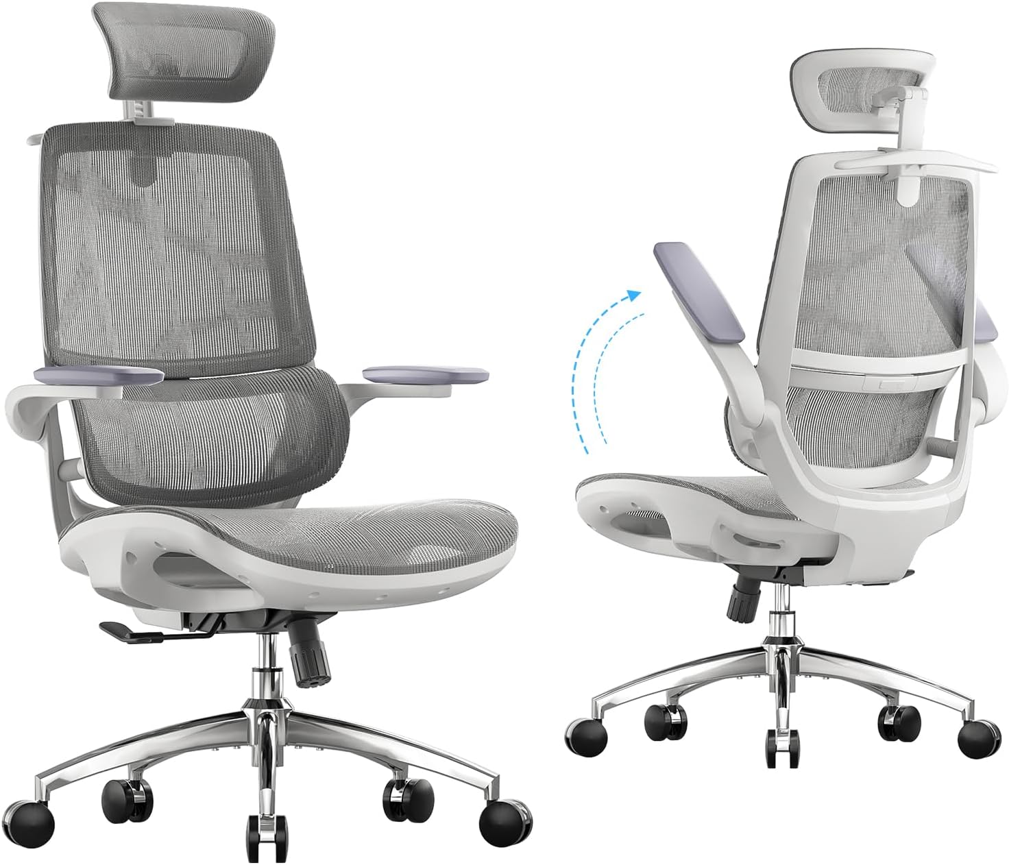 Office Chair, Comfy Ergonomic Office Chair, High Back Computer Chair with Adaptive Lumbar Support & wide Headrest, Flip-up Armrests, Swivel Desk Chair for Long Hours, WITHOUT Footrest, Grey