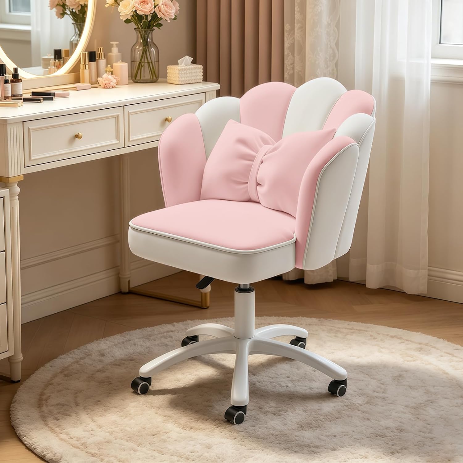 Petal Desk Chair with Bow Cushion Velvet Vanity Chair with Wheels, Upholstered Home Office Chair for Girls Women, Mid-Back Swivel Computer Task Chairs for Living Room Bedroom