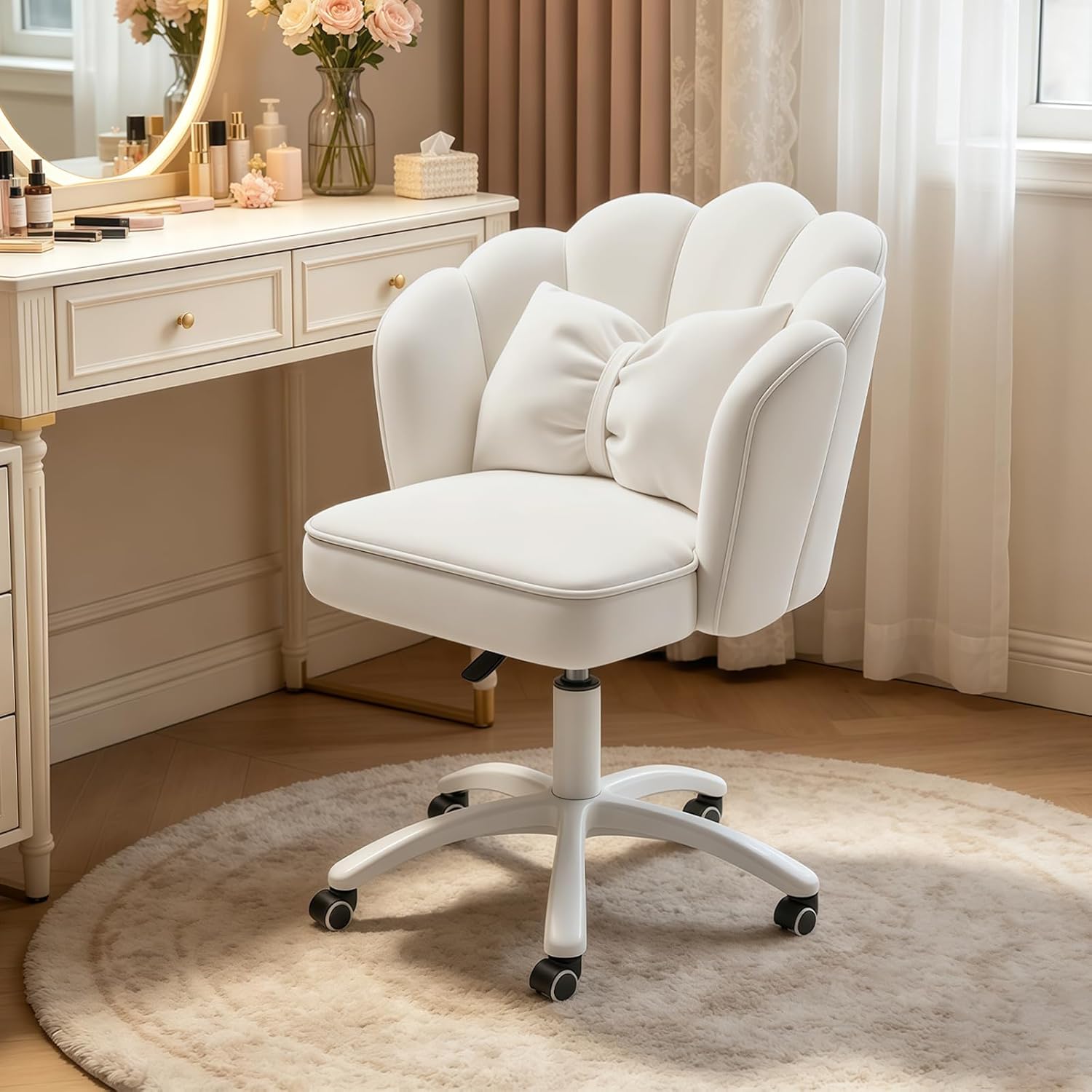 Petal Desk Chair with Bow Cushion Velvet Vanity Chair with Wheels, Upholstered Home Office Chair for Girls Women, Mid-Back Swivel Computer Task Chairs for Living Room Bedroom