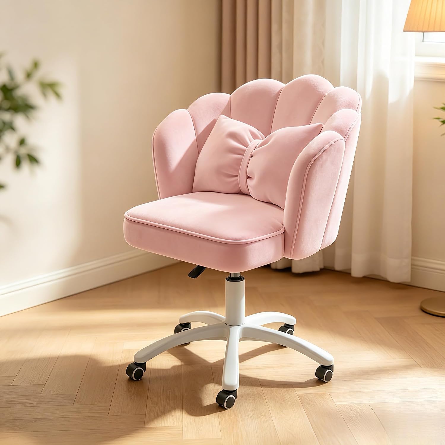 Petal Desk Chair with Bow Cushion Velvet Vanity Chair with Wheels, Upholstered Home Office Chair for Girls Women, Mid-Back Swivel Computer Task Chairs for Living Room Bedroom
