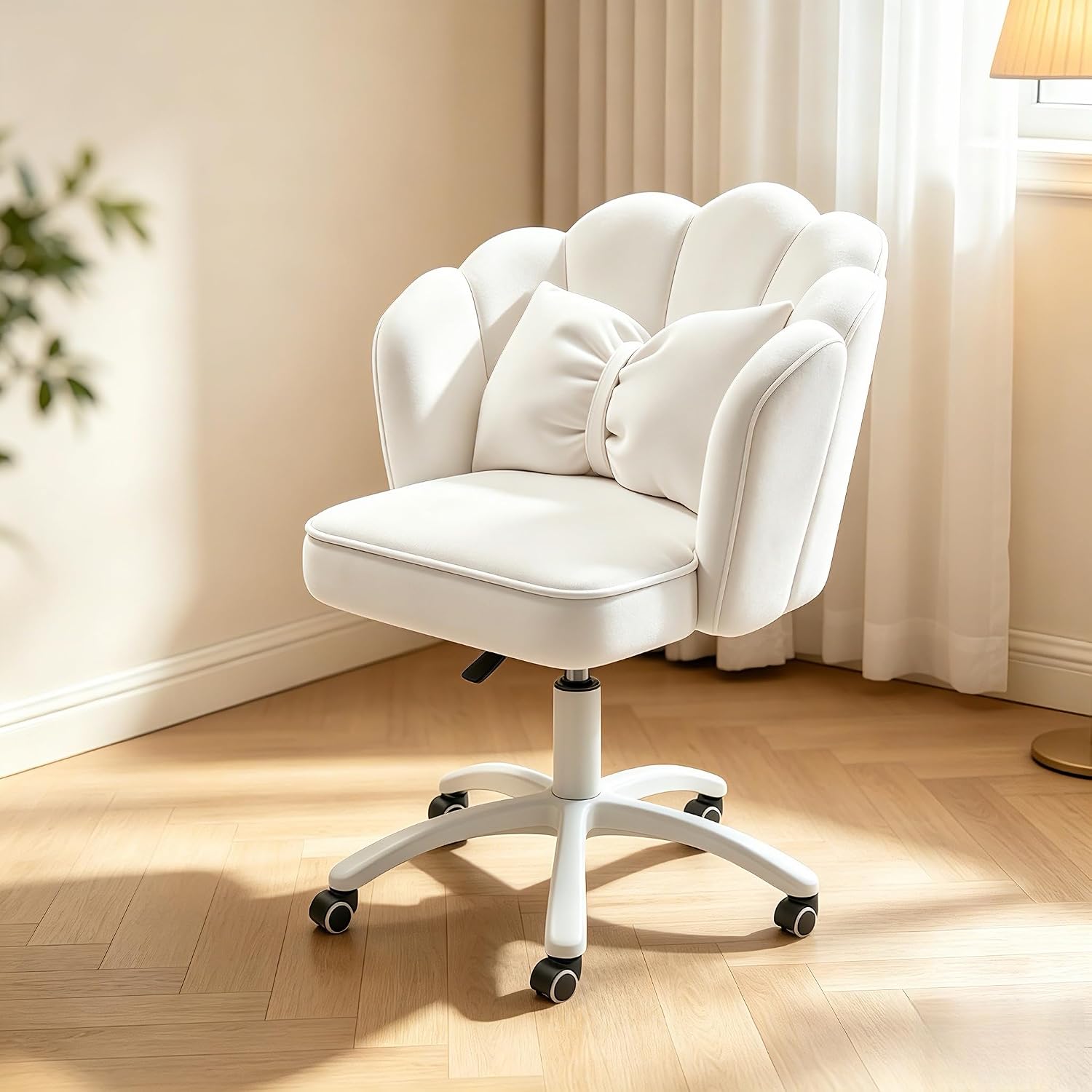 Petal Desk Chair with Bow Cushion Velvet Vanity Chair with Wheels, Upholstered Home Office Chair for Girls Women, Mid-Back Swivel Computer Task Chairs for Living Room Bedroom