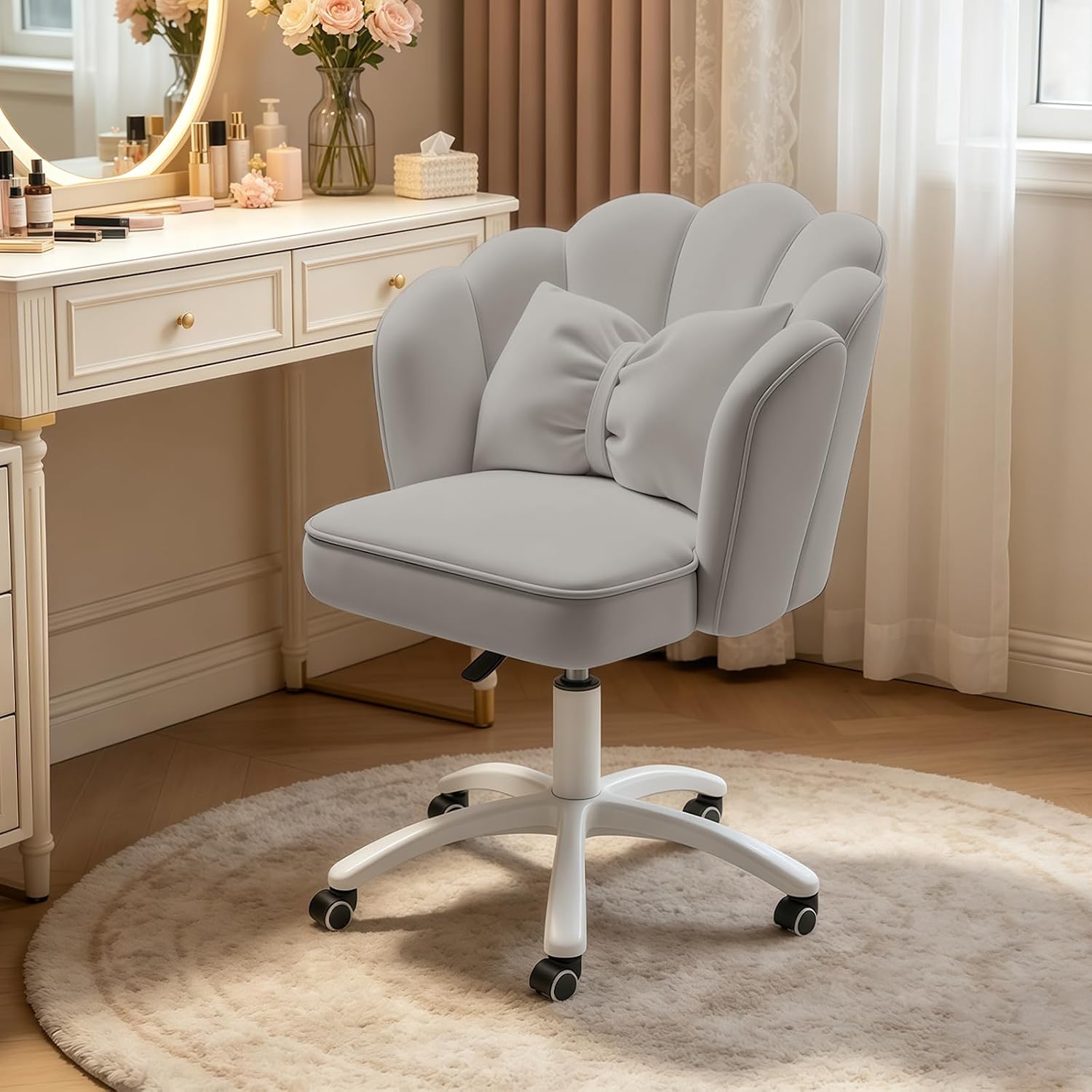Petal Desk Chair with Bow Cushion Velvet Vanity Chair with Wheels, Upholstered Home Office Chair for Girls Women, Mid-Back Swivel Computer Task Chairs for Living Room Bedroom