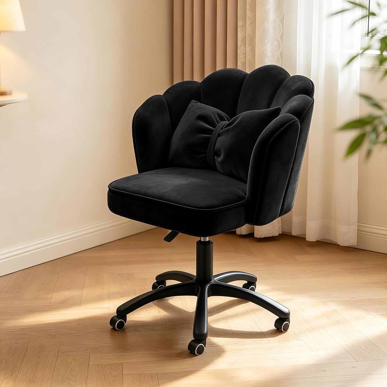 Petal Desk Chair with Bow Cushion Velvet Vanity Chair with Wheels, Upholstered Home Office Chair for Girls Women, Mid-Back Swivel Computer Task Chairs for Living Room Bedroom