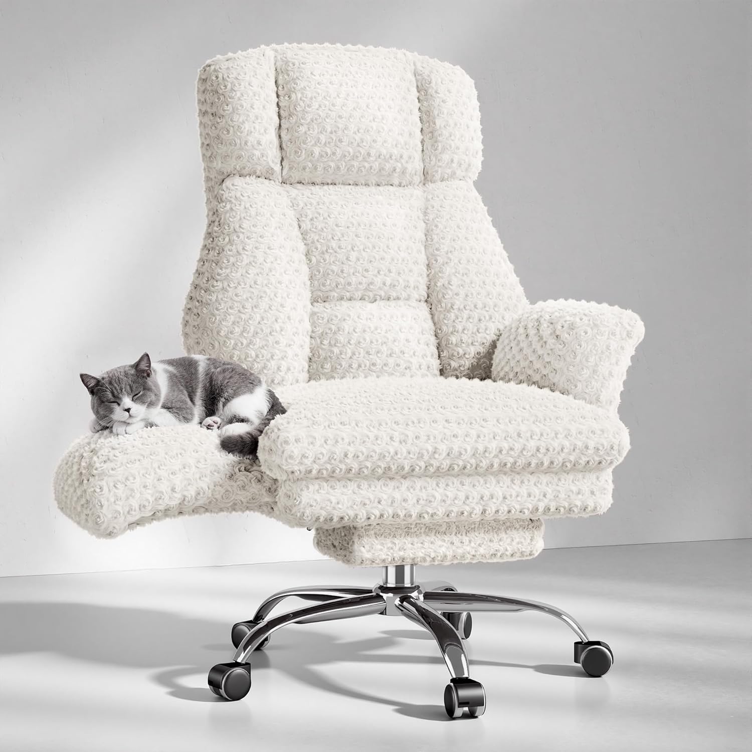 Big and Tall Office Chair, Flip Armrests for Pets & Cross Legged Sitting, Executive Ergonomic Computer Gaming Chair with Foot Rest, Teddy Fleece Wide Seat Reclining Desk Chair, White Vanity Chair