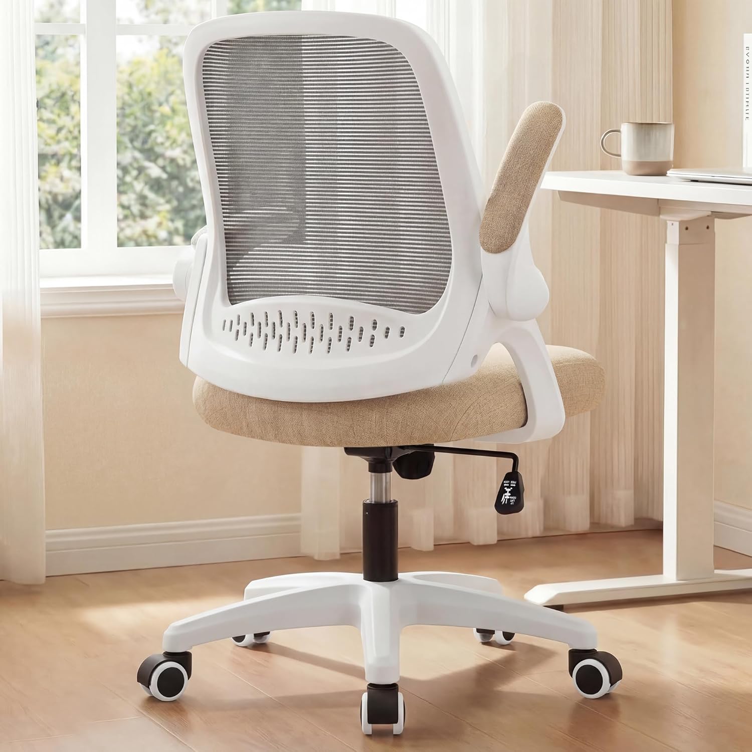 Office Desk Gaming Ergonomic Computer Chair with Lumbar Back Support Adjustable Height Swivel Rolling Wheels Flip-up Arms Mesh Chair for Home Vanity (Ivory)