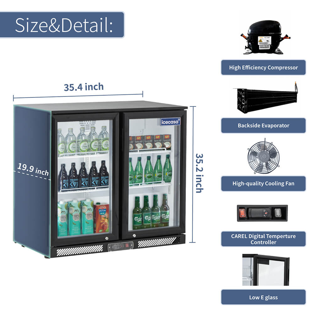 ICECASA Commercial 35.4" 2 Glass Door Back Bar Beer Cooler Beverage Refrigerator 7.8 Cu.ft | ICE-220H