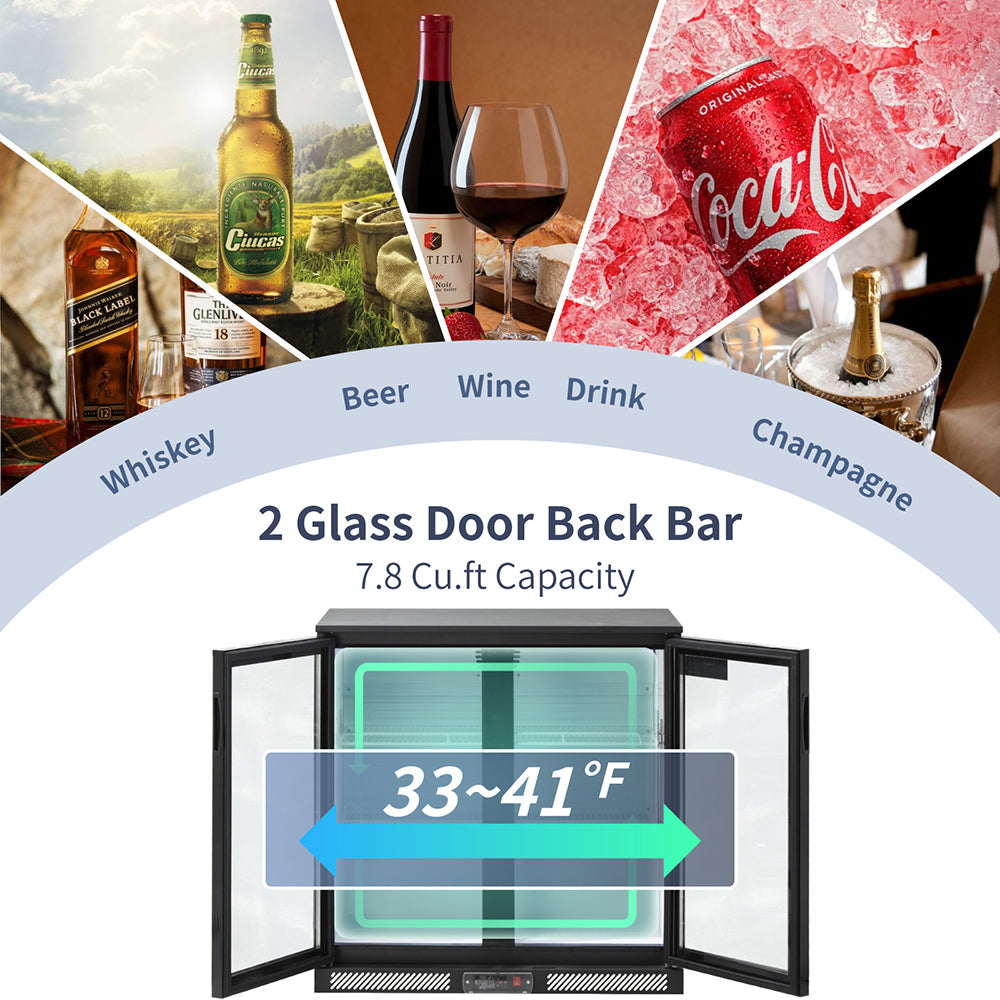 ICECASA Commercial 35.4" 2 Glass Door Back Bar Fridge Beverage Cooler 7.8 Cu.ft | ICE-220H
