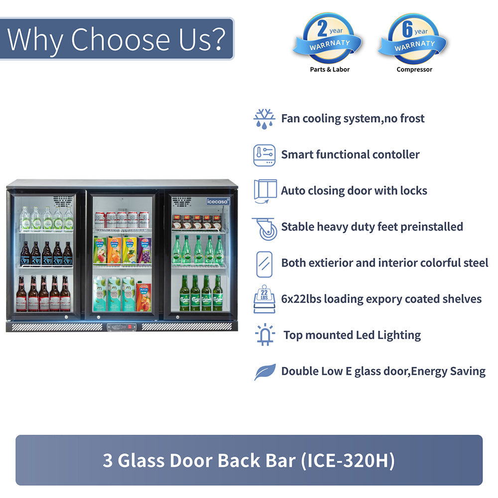 ICECASA Commercial 52.6" 3 Glass Door Back Bar Fridge Beverage Cooler 11.7 Cu.ft | ICE-320H