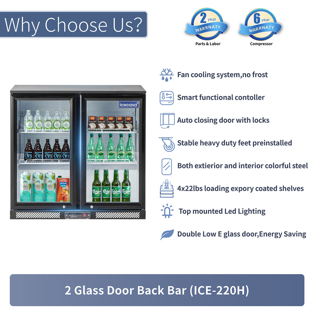 ICECASA Commercial 35.4" 2 Glass Door Back Bar Fridge Beverage Cooler 7.8 Cu.ft | ICE-220H